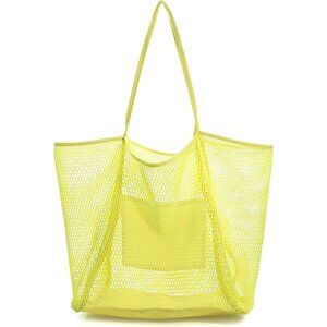 Women's Yellow Mesh Beach Nylon & Polyester No-closure Tote Shoulder Handbag